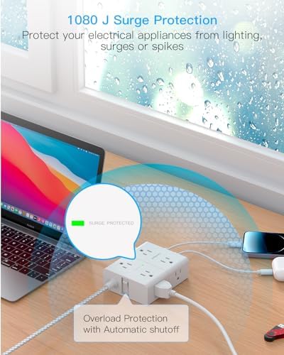 Versatile Surge Protector Power Strip with 8 AC Outlets & 4 USB Ports (2 USB-C), 6 Ft Flat Plug Extension Cord, 1080 Joules Safety Rating, Wall Mountable Charging Station for Home, Office, and Dorm – Streamlined Device Management & Fast Charging Enhanced