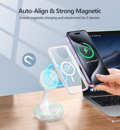 Efficient Magnetic Wireless Charging Stand – 15 W Fast Mag Safe Charger for i Phone 16 Series & Earlier, Sleep-Friendly Indicator Light, Sleek Design, Enhanced Compatibility & Quick Charge for Air Pods – Ultimate Cordless Convenience