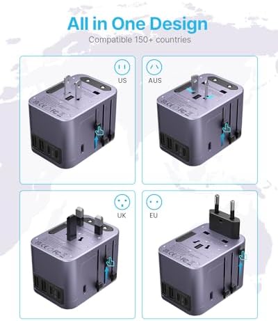 VINTAR Universal Travel Adapter: All-in-One Power Converter with 6 A Output, 3 USB-C and 2 USB Ports for Fast Global Charging Across Europe, UK, USA, and Australia – Essential Travel Accessory for Effortless Device Connectivity and Safety Features