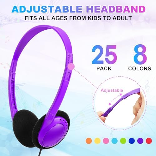 Classroom-Ready 25 Pack Adjustable Wired Headphones – Versatile Multi-Color Earphones for Kids and Adults with 3.5 mm Compatibility, Perfect for Engaging Learning Environments and Group Activities, Durable Design for Daily Use and Enhanced Audio Clarity