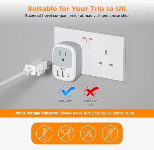 TESSAN Universal Type G UK Travel Adapter with 3 USB Ports & USB-C Charger – Effortless US to UK Plug Conversion for Global Travelers to England, Ireland, Qatar, Hong Kong, Dubai, and More – Compact Power Solution for Fast and Safe Device Charging