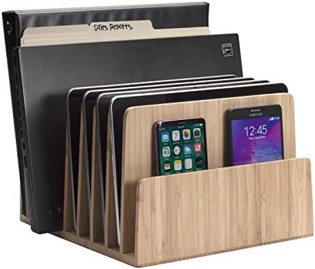 Eco-Conscious Bamboo Multi-Device Organizer: Five-Slot Desk Solution for Laptops, Tablets, and Smartphones – Streamlined Charging & Tidy Cable Management for a Sophisticated Workspace, Lightweight & Travel-Friendly