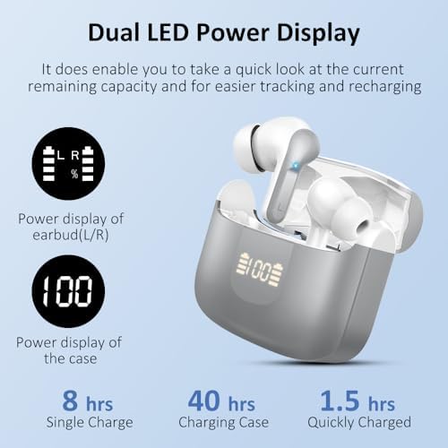 Premium Bluetooth 5.3 Wireless Earbuds with Deep Bass and Enhanced Noise Cancelling – Mini Sport Earphones with 40 Hours Playtime, USB-C Charging Case, and Dual LED Display for Ultimate Connectivity and Sound Clarity