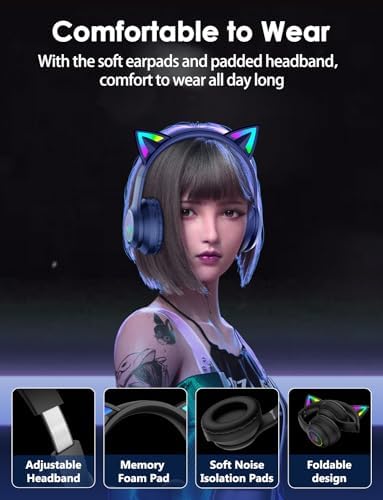 Whimsical Cat Ear Bluetooth Headphones for Kids & Adults – Immersive Hi-Fi Sound, 55-Hour Playtime, LED Light-Up Design, Built-In Microphone, and Universal Compatibility with i Phone, i Pad, Laptop & PC for Ultimate Fun and Comfort