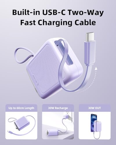 Compact 30 W Retractable USB-C Power Bank with Fast Charging – Sleek Dual Charging Battery Pack for i Phone 15, Android Devices & Laptops – Integrated 60 cm Cable & LCD Display for Ultimate On-the-Go Power Solutions