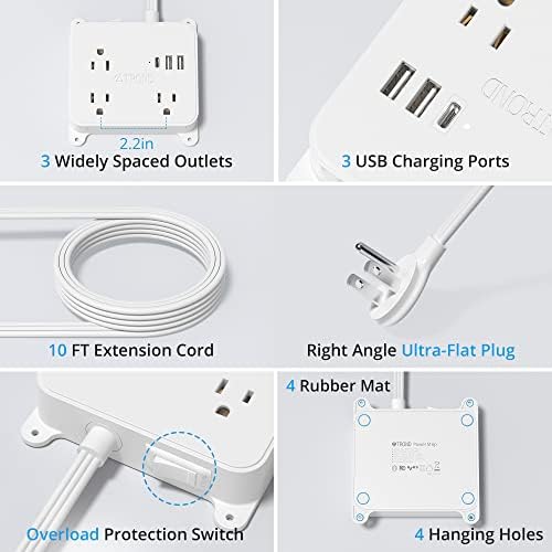 TROND Ultra Thin Flat Extension Cord with 3 USB Ports and 3 AC Outlets – Sleek Wall-Mount Power Strip for Smart Charging in Small Spaces – Perfect for Home, Dorms, and Workstations – Compact Surge Protector for Modern Electronics
