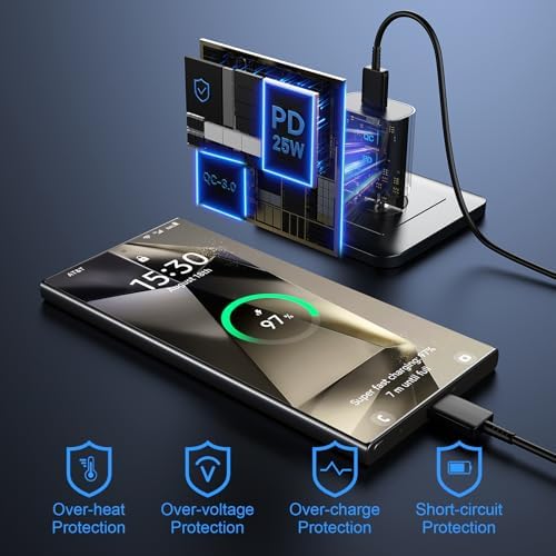 Ultra-Fast 25 W Type C Charger Block with 6.6 FT USB C Cable – Samsung Super Fast Charging Solution for Galaxy S25 Ultra/S25/S24 Ultra/S24/S23 Ultra/S22 Ultra/S22+ – 3-Pack for Home, Office & Travel – Enhanced Compatibility for All USB-C Devices