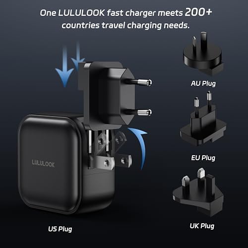 LULULOOK 65 W Ga N USB-C Fast Charger – Versatile 3-Port Travel Adapter for Mac Book Pro, i Pad Pro, i Phone 16, Galaxy S24 & Dell XPS – Ultra-Fast Multi-Device Charging with Global Compatibility for UK/EU/AU – Advanced Safety Features for Secure On-the-Go Charging Solutions
