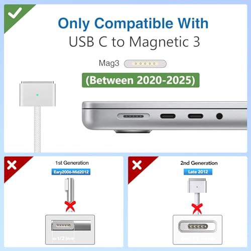 USB-C to Magnetic 3 Cable, Compatible with Mac Book Pro/Air (2021 to 2025) (M1,M2,M3,M4 & 14-16 inch) – Nylon Braided 6.6 Ft – Enhanced Compatibility and Speed