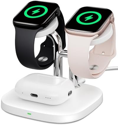 Revolutionize Your Charging Routine with the Swan Scout 3-in-1 Wireless Charging Station – Fast Dual Charger for Apple Watch Ultra 2/10/9 & Air Pods Pro 2/3/2 in Elegant White and Silver – Compact Design, Rapid Power Boosts, and Enhanced Safety Features for Modern Living