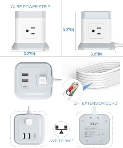 BEVA 10 ft Travel Power Strip with USB – Compact Cube Charging Station Featuring 4 Spacious Outlets and 3 Fast USB Ports for Home, Office, and Dorm Use – Overload Protection for Safe, Efficient Power Management