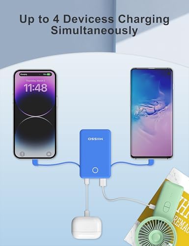 Ultra Slim 6000 m Ah Power Bank with Built-In USB C Cords – Card-Sized Portable Charger for Effortless On-the-Go Charging, Triple Output for i Phone, Samsung, Google Devices – Stylish and Compact Battery Pack for Enhanced Efficiency and Versatility