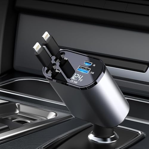 Kwak’s Retractable USB C Car Charger – Ultra-Fast Charging Adapter with Dual Apple Cables for i Phone 14, 13, 12, 11 | Tidy Retractable Design for Effortless On-the-Go Power Solutions | Compact & Portable Vehicle Charging Accessory