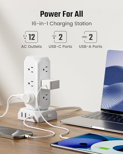 Maximize Your Charging Efficiency with the SUPERDANNY Power Strip Tower Surge Protector – 9 Outlets & 4 USB Ports, 10 Ft Extension Cord, 1080 Joules Surge Protection, Grounded Safety Design for Home and Office Use – Stylish Black Desktop Charging Station for Clutter-Free Solutions
