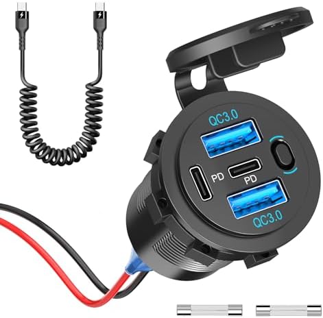 High-Power 4-Port 12 V USB C Car Charger Socket – 90 W Dual PD 36 W & QC 18 W Ports for Fast Charging – Versatile Marine, RV, Truck & Motorcycle Compatibility with Button Switch & USB-C Cable Included – Ultimate On-the-Go Power Solution