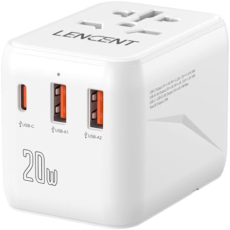 LENCENT 20 W Fast Charging Universal Travel Adapter – Compact International Power Converter with Dual USB and USB Type-C Ports – Ultimate Solution for Worldwide Device Charging in USA, UK, EU, and AUS (Black) – Reliable and Safe Charging for Global Explorers