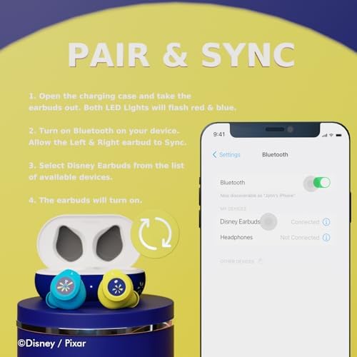 Disney/Pixar Inside Out 2 Joy-Inspired Bluetooth Earbuds – Premium Audio Quality with Integrated Mic for Easy Hands-Free Calling – 30-Hour Playtime with Stylish Charging Case – Perfect Gift for Inside Out Fans of All Ages – Lightweight, Durable Design for Kids and Adults
