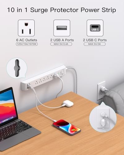 Dual Pack 12 FT Power Strip with 6 AC Outlets & 4 USB Ports, Including 2 USB-C – Versatile Surge Protector for Home, Office, and Dorm Use – Space-Saving Flat Plug Design, Wall Mountable for Ultimate Convenience and Safety