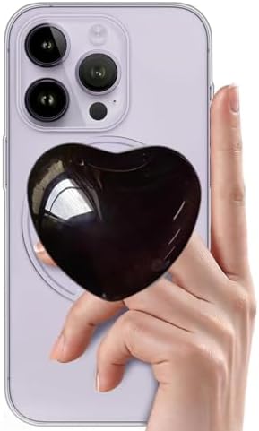 Stylish Black Heart Magnetic Phone Grip with Mag Safe Compatibility – Elegant 3 D Glass Phone Stand for i Phone, i Pad, Kindle – Includes Mag Safe Adapter – Trendy Aesthetic Phone Charm for Women – Ultimate Grip and Convenience for Effortless Use