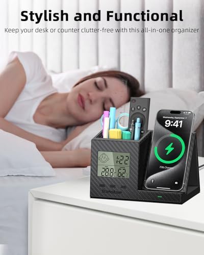 Multi-Functional Desk Organizer with Wireless Charging, Digital Thermometer & Humidity Monitor – Stylish Brown Pen Holder for Home Office Efficiency and Clutter-Free Workspace