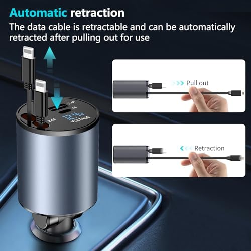 Paiholy 66 W 4-in-1 Retractable Car Charger – Dual USB Fast Charging Station with Dual i Phone Cables for i Phone 14/13/12/11 Pro Max/XS MAX and i Pad – Real-Time Voltage Display, Compact Design for Effortless Travel Convenience