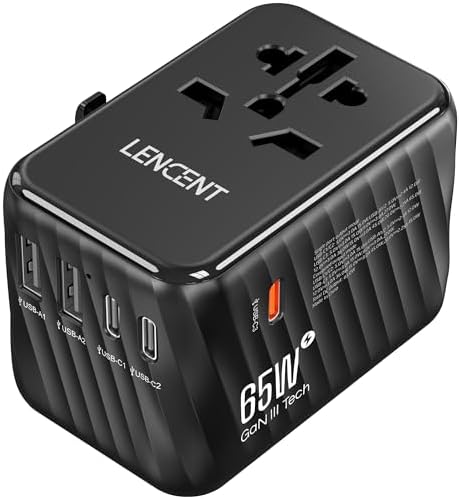 LENCENT 85 W Universal Travel Adapter with Retractable USB-C Cable – High-Speed International Plug Converter Featuring 3 Type-C & 1 USB-A Ports for Effortless Worldwide Charging – Your Ultimate Travel Essential for Maximum Compatibility, Fast Charging, and Ga N Technology Efficiency