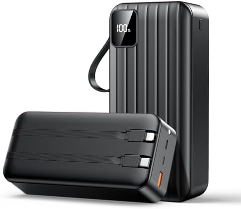 Ultra-High Capacity 50000 m Ah Portable Power Bank with Dual Built-in Cables – Rapid 22.5 W USB-C Fast Charging for i Phone 16/15/14/13 Pro, Android & Samsung Galaxy – Perfect for Outdoor Expeditions and Emergency Situations, Featuring LED Display and Multi-Device Compatibility