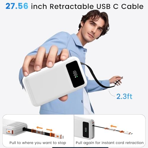 LUCKYDUO 10000 m Ah Power Bank with Retractable 2.3 ft Charging Cable – Ultra-Compact Fast Charging USB-C Battery Pack for i Phone 16/15/Pro & Samsung – LED Display for Travel-Friendly Power Solution and Universal Device Compatibility