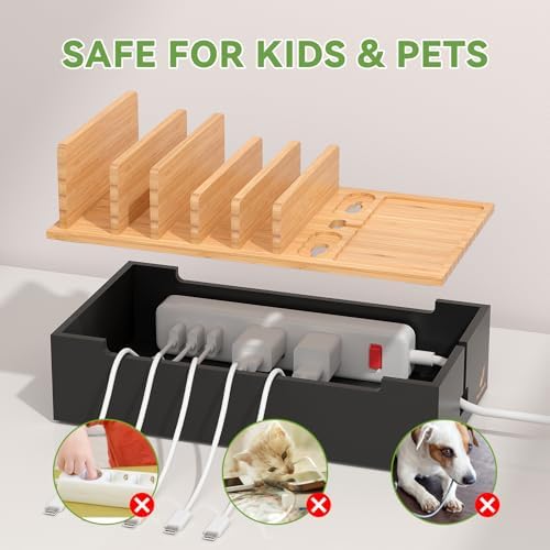 Pezin & Hulin Eco-Friendly Bamboo Cable Management Box – Sleek Desktop Organizer with 6 Cables for Tidy Charging Station, Stylish Wire Organizer for Electronic Devices, Enhances Workspace Efficiency and Aesthetics