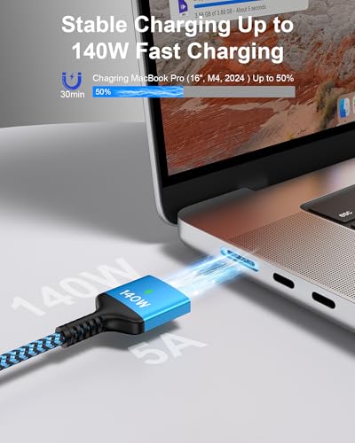 High-Performance USB C to Magnetic 3 Charging Cable – 140 W Fast Charge Braided 6 FT Power Cord for Mac Book Pro (14” & 16” M4/M3/M1) & Air (13” & 15” M2) – Magnetic Connection for Effortless Use – Durable, Tangle-Free Design for Ultimate Convenience and Speed