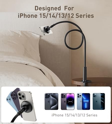 Magnetic Gooseneck Phone Holder Mount for iPhone 16/15/14/13/12 – Magnetic Stand Tabletop Clamp 360°Rotation Adjustable for Office/Home Compatible with iPhone 16 15 14 13 12 Mini Plus Pro Max – Enhanced Compatibility and Speed