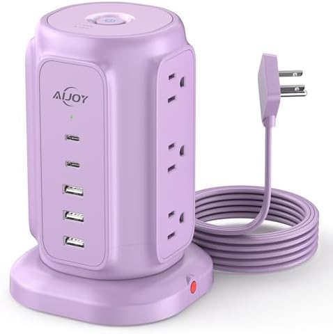Maximize Your Power Potential with Ai Joy’s Space-Saving Flat Plug Power Strip Tower – 9 Outlets & 5 USB Ports (2 USB-C) for Rapid Charging, 1200 Joules Surge Protection, 6.5 Feet Extension Cord – Ideal for Home, Office, and Dorm Use – Durable, Efficient, and Compact Design for Uncluttered Charging Solutions