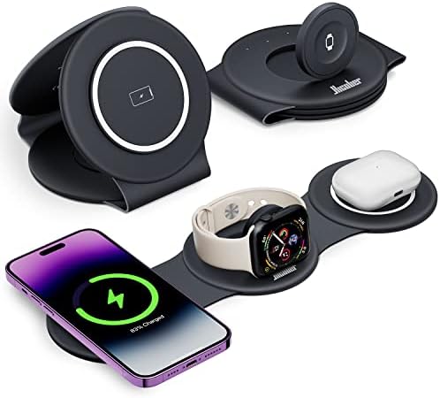 Hicober 3-in-1 Magnetic Wireless Charging Station for i Phone 15, Apple Watch, and Air Pods – Ultra-Fast 18 W Portable Travel Charger with Foldable Design for i Phone 16, 14, 13, 12 Pro/Max/Plus – Optimal Compatibility and Sleek Aesthetics for Effortless Charging Experience