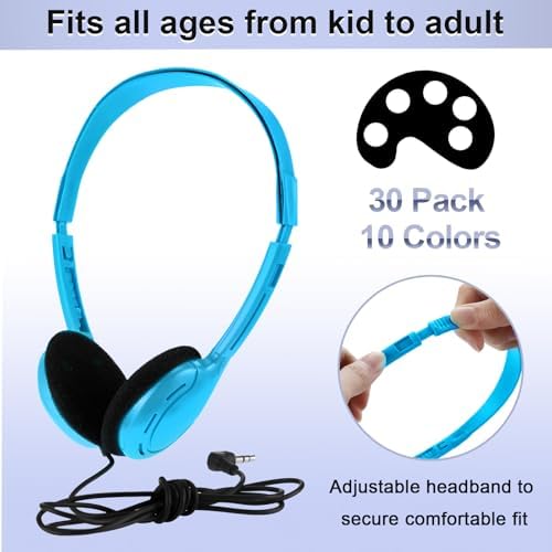 Yunsailing 30 Pack Colorful Classroom Headphones for Kids – Durable On-Ear Adjustable Earphones with Universal 3.5 mm Jack – Essential Bulk Headsets for Engaging Learning and Interactive Activities in Educational Settings