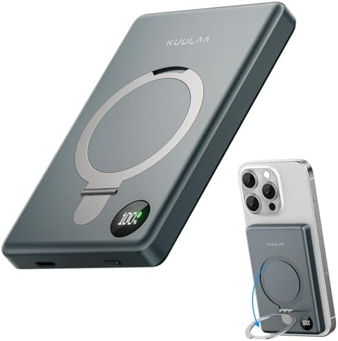 Revolutionize Your Mobile Charging with the Kuulaa 10,000 m Ah Mag Safe Power Bank – Ultra-Slim, 20 W PD Fast Charging, Wireless & Portable with Kickstand and LED Display for i Phone 16/15/14/13/12 Series (Grey) – Seamless Compatibility and Enhanced Versatility