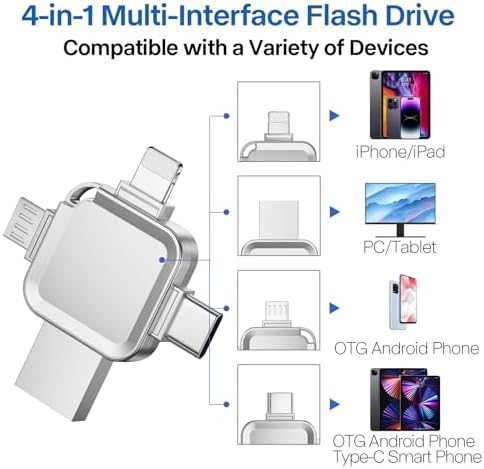 Revolutionize Your Data Storage with the LANSLSY 128 GB 4-in-1 Flash Drive – Effortless Compatibility for i Phone, i Pad, Android, PC, and Mac – No App Required for Instant Access! Enjoy Enhanced Transfer Speeds and 4 Versatile Ports: Lightning, USB Type-A, USB Type-C, and Micro USB. Perfect for Storing Photos, Videos, and Documents with Ease – Ideal for Students, Professionals, and Photographers on the Go! Compact and Stylish Pink Design Makes It a Must-Have Accessory for Your Tech Gear. Say Goodbye to Data Management Hassles and Keep Your Files Securely Accessible Anytime, Anywhere!