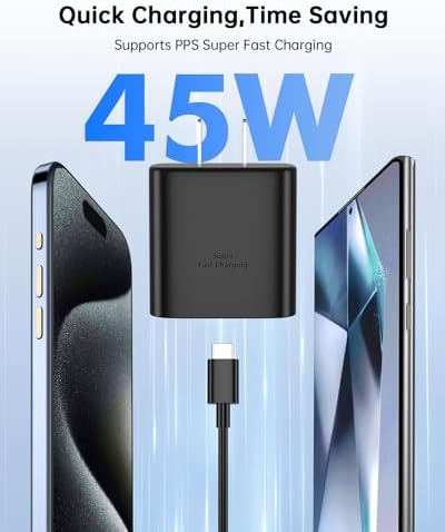Dual-Pack 45 W USB C Fast Charger for Samsung Devices – Lightning-Fast Charging with 6 FT Type C Cables for Galaxy S25 Ultra/S24/S23/Z Fold 5/Z Flip 5 – PPS Technology for Enhanced Power Delivery – Compact, Reliable, and Portable Charging Solution