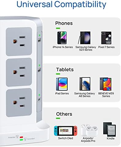 KOOSLA Power Strip Tower – 12 AC Outlets & 6 High-Speed USB Ports with 15 A Surge Protection – 6.5 ft Heavy-Duty Extension Cord for Home Office & Dorm Room – Compact Design for Efficient Power Distribution – Versatile Charging Station for Multiple Devices