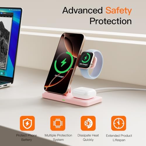 3-in-1 Wireless Charging Station for Apple Devices – 15 W Fast Charger Stand for i Phone 16/15/14/13/12/11, Apple Watch, and Air Pods – Convenient Portable Design with Enhanced Compatibility and Safety Features for Home and Travel – Perfect Gift for Tech Enthusiasts
