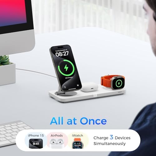 Ultimate 3-in-1 Wireless Charging Station for Apple Devices – Rapid 15 W Magnetic Charger for i Phone 16/15/14/13/12 Pro Max, Compatible with Apple Watch Series S2 to Ultra, Air Pods Pro/4/3/2 – Foldable Travel-Friendly Design for Effortless Charging Anywhere