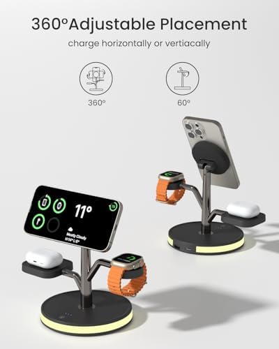 All-in-One 3-in-1 Mag Safe Charging Station for Apple Devices – Fast Wireless Charger for i Phone 16/15/14/13/12, Air Pods & Apple Watch with 20 W PD Adapter & LED Light – Sleek Nightstand and Office Solution for Enhanced Device Compatibility and Speed