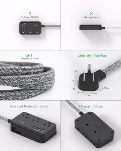 Compact Power Strip with 6 Outlets and 4 USB Ports (2 USB-C) – 5 Ft Braided Extension Cord with Ultra-Slim Flat Plug for Wall Mounting – Essential Overload Protection for Travel, Dorm Rooms, and Cruise Ships – Versatile Device Charger for Modern Living