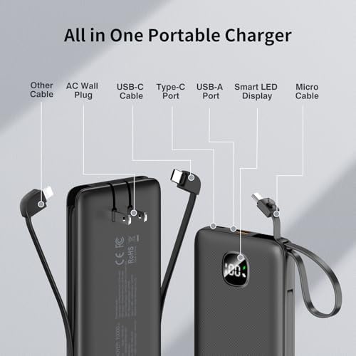 Ultra-Slim 10000 m Ah Fast Charging Power Bank with Built-In Cables & AC Plug – Versatile 5 Output USB-C Portable Charger for i Phones, Samsung, Android & More – Perfect for Travel & On-the-Go Power Solutions