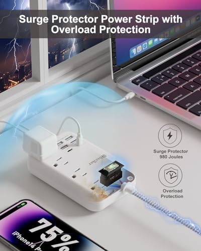 International Travel Power Adapter with 6 USB Ports and 4 AC Outlets – Versatile Plug Converter for European Destinations Including UK, France, Italy, and Germany – Compact 3 ft Extension Cord with Surge Protection for Enhanced Device Safety and Charging Efficiency