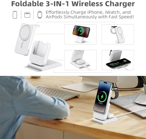 DDUAN 3-in-1 Wireless Charging Station for i Phone and Apple Watch – Foldable 5000 m Ah Magnetic Power Bank with Fast USB-C Charging for i Phone 16/15/14/13/12 Series – Sleek, Portable Design for Home and Travel