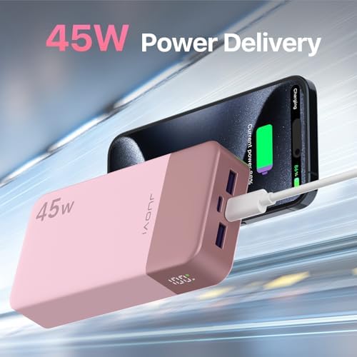 Juovi 20000 m Ah Ultra-Fast Portable Charger – 45 W PD3.0 Power Bank with Dual USB-C & USB-A Ports, LED Digital Display for Smart On-the-Go Device Charging – Ideal for i Phone 15/16, Mac Book, Samsung & More – Perfect Power Solution for Travelers, Students & Professionals in Trendy Pink Finish