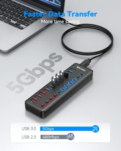 Maximize Your Connectivity with the Wenter 11-Port Powered USB 3.0 Hub – Fast Data Transfer & Smart Charging for Mac and PC Users, Featuring Individual LED Control and Reliable Power Adapter for Enhanced Versatility