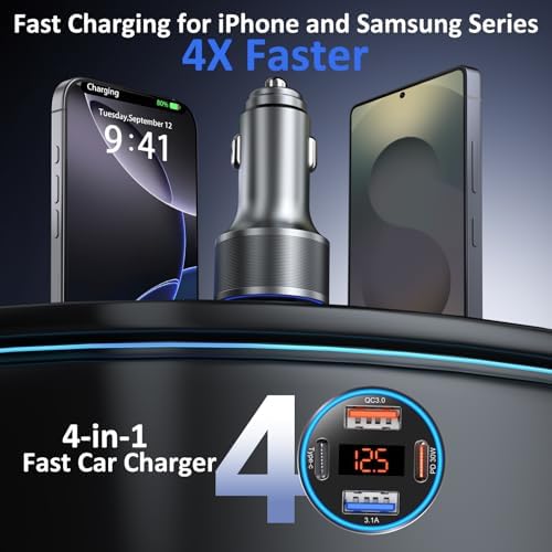 65 W 4-Port USB C Car Charger – Dual USB-A & USB-C Cigarette Lighter Adapter with Built-in Voltmeter for Safe Fast Charging – Ideal for i Phone 16/15/14/13/12/11 Pro Max and Android Devices – Travel Essential Accessory for High-Speed Power Supply