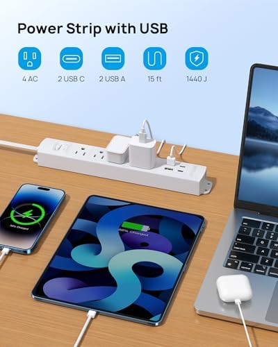 Ultra-Slim TROND Surge Protector Power Strip with 3 USB Ports & Type C – 4 AC Outlets for Maximum Device Protection & Charging Speed – 1440 J Surge Defense, ETL Listed, Space-Saving Wall Mount Design for Home Office & Dorm Use – Versatile Power Management Solution in Elegant Black