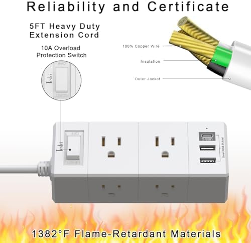 15 Ft Flat Plug Power Strip with 6 AC Outlets and 3 USB Ports – Tcstei Compact Extension Cord for Home, Office, and Dorm Room – Versatile ETL Certified Power Solution with Fast Charging and Space-Saving Design